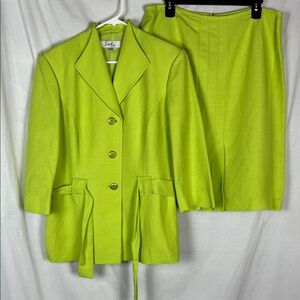 Emily Lime Green Linen Blend High Collar Belted Two Piece Skirt Suit